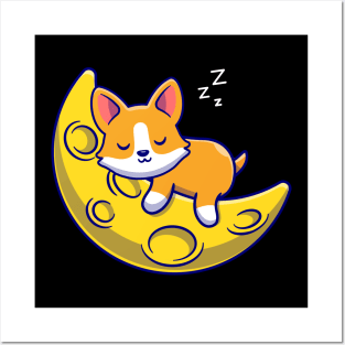 Cute Corgi Dog Sleeping On The Moon Cartoon Posters and Art